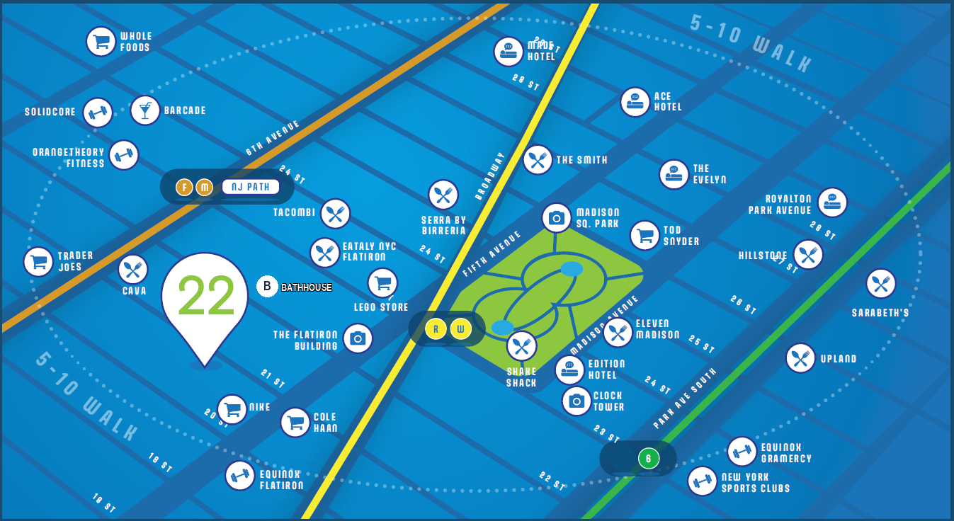 Flatiron District map showing 22 West 21st Street and nearby landmarks
